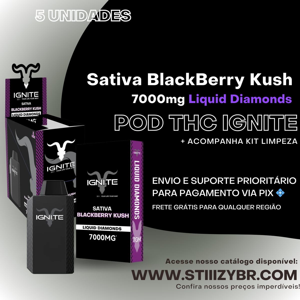 Combo 5 und - Pod Thc Ignite • Sativa BlackBerry Kush - 7000mg Liquid Diamond Disposable