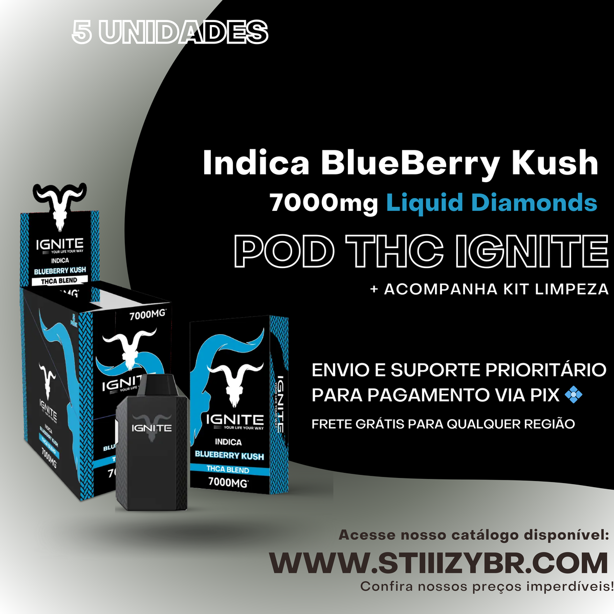 Combo 5 und - Pod Thc Ignite • Indica BlueBerry Kush - 7000mg Liquid Diamond Disposable